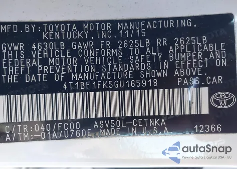 2016 Toyota Camry Le from USA, damaged, VIN 4T1BF1FK5GU165918
